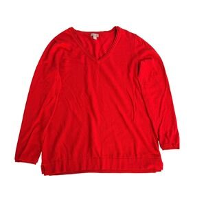 J. Jill Womens Red V-Neck Long Sleeve Cotton Blend Knit Pullover Sweater XS